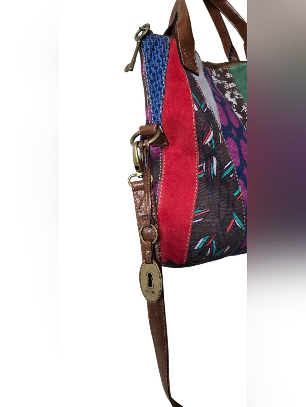 Fossil Patchwork Tote Crossbody Bag Multicolor Suede Canvas Leather Key Charm - Picture 9 of 16
